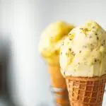 Close-up of two vanilla ice cream cones with chocolate specks in a waffle cone holder.